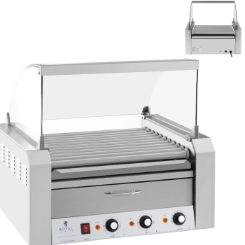 Roller grill rolkowy z osłoną i szufladą grzewczą do bułek 20 parówek HotDog 2600W 230V Royal Catering