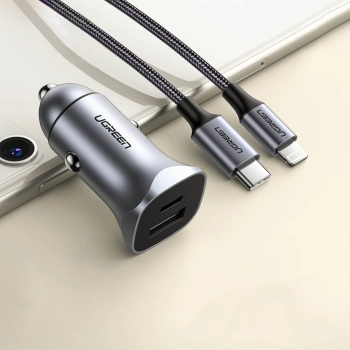 Szybka ładowarka samochodowa USB-A i USB-C 30W PD PPS - szara