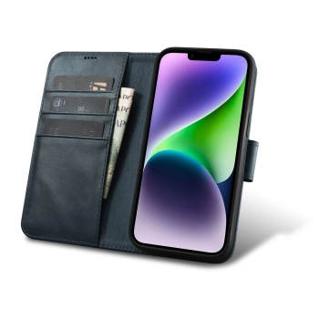 2w1 etui skórzany pokrowiec z klapką iPhone 14 Plus Anti-RFID Oil Wax Wallet Case niebieski