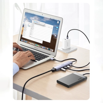 Wielofunkcyjny adapter HUB rozdzielacz USB-C - 3x USB Ethernet RJ-45 USB-C PD szary