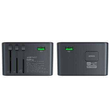 Uniwersalna ładowarka podróżna GaN 2x USB-A 3x USB-C wtyczki UK EU USA AUS czarna