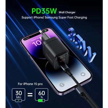 Mała mocna ładowarka sieciowa GaN 2x USB-C PD 35W z wyświetlaczem czarna