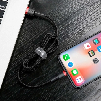 Wytrzymały kabel przewód w oplocie USB do iPhone Lightning QC3 2m - czarno-czerwony