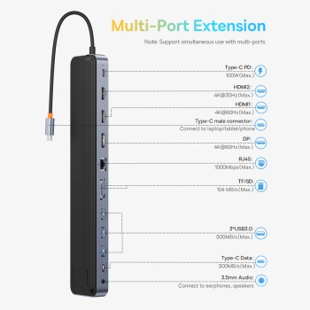 12w1 HUB podstawka pod notebooka USB-C USB-A DP HDMI SD TF RJ45 3.5mm jack PD 100W szary