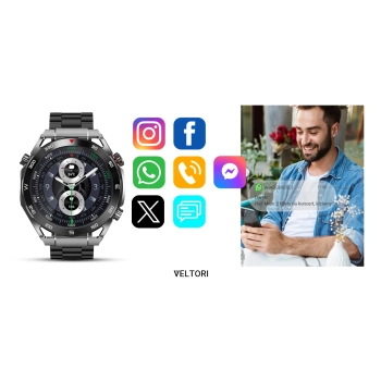 Smartwatch Veltori VT100-1 + Czarny Pasek Silikonowy + Czarny Eko Skóra