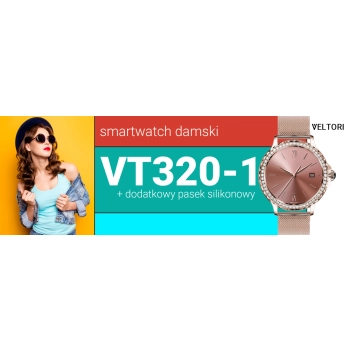 Smartwatch Damski Veltori VT320-1 Złota Bransoleta + Różowy Pasek Silikonowy